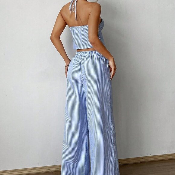 Blue Sexy Women's Striped Tank Top & Elastic Pants Two-Piece Set - Picture 2 of 6